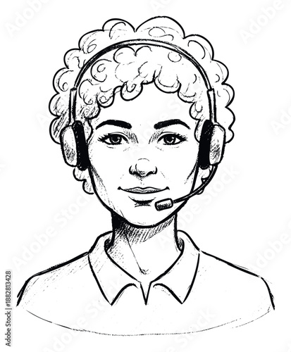 Smiling woman with curly hair wearing a professional headset and microphone, offering customer service and technical support for telecommunication and virtual assistance business solutions.