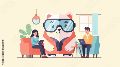 Diverse team collaborates on technology in a comfortable virtual reality setting