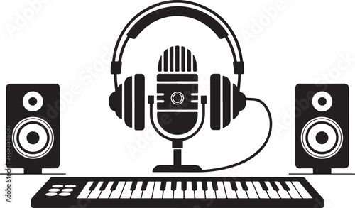 Music Studio Microphone Keyboard Speakers Podcast Silhouette Icon