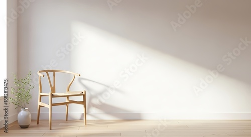 Minimalist Interior with Wooden Chair and White Wall