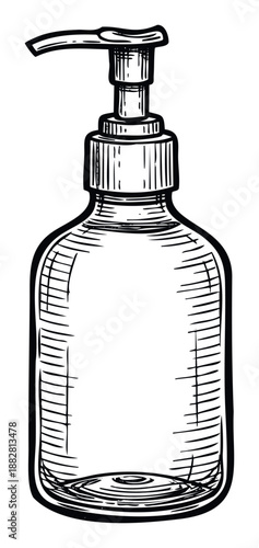 Hand drawn sketch of a versatile pump bottle for liquid soap, lotion, or sanitizer, perfect for cosmetic product packaging, health and beauty branding, or hygiene awareness campaigns