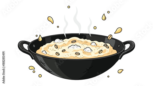 Steaming golden porridge with oats in black pot, warm, creamy breakfast illustration. Comforting food art for morning meals, simple cartoon style,