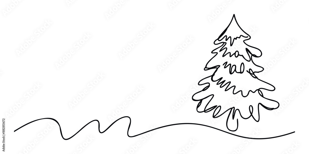 Obraz premium Simple line drawing of a festive fir tree standing on a gentle snowy hill, perfect for holiday greetings, winter season invitations, or minimalistic winter event decorations.