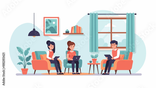 Diverse group collaborating on devices in a cozy living room setting