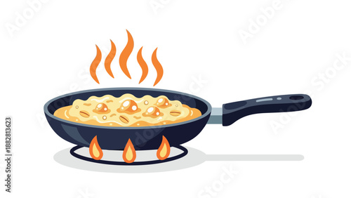 Stylized culinary scene showcasing a meal gently cooking in a frying pan over stove flames, capturing the essence of warm kitchen activity and