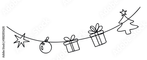 Black outline drawing of festive Christmas decorations including a star, bauble, gift boxes, and a tree hanging on a string, perfect for holiday season greetings and event promotions