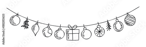 Festive hand drawn garland featuring Christmas ornaments, fir trees, and a gift box, ideal for holiday season event promotions or winter celebration invitations.