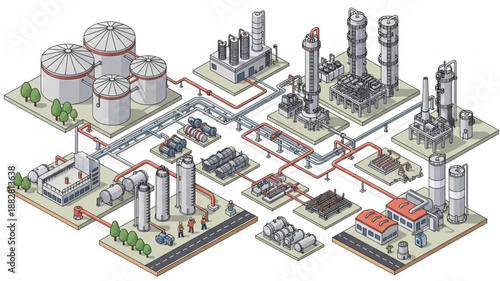 Industrial complex with interconnected facilities and pipelines illustration.