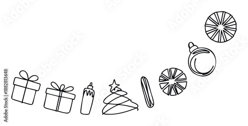 Black outline drawings of various Christmas and holiday elements arranged in a gentle curve, perfect for winter season greeting promotions and festive event invitations.