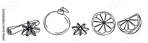 Line drawing of winter holiday spices, citrus, and a Christmas ornament, ideal for seasonal recipe content, festive greeting designs, and warm drink advertisements.