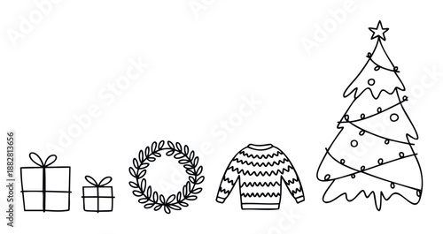Simple hand drawn collection of various holiday objects featuring wrapped gift boxes, a classic leaf wreath, a warm knitted pullover, and a tall decorated Christmas tree, ideal for winter