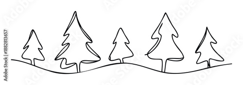 Minimalist continuous line drawing of evergreen fir trees on a gentle wavy landscape, perfect for holiday greetings, winter events, or natural environment themes.