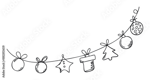 Charming hand drawn holiday garland adorned with whimsical Christmas baubles, a star, a gift, and a festive tree, ideal for seasonal embellishments, winter celebration themes, or cheerful