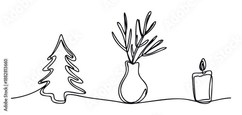 Continuous line drawing featuring a minimalist Christmas tree, an elegant vase with green branches, and a lit candle, ideal for seasonal greetings, home decor prints, or contemporary