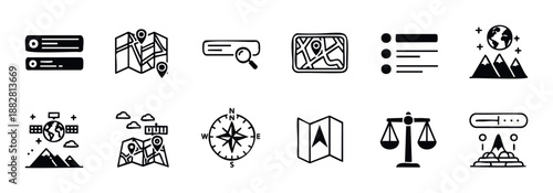 Essential collection of geographic location and data management icons encompassing detailed mapping, precise navigation, effective search functions, and global information systems for