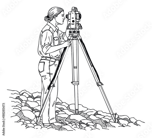 A professional woman operates advanced surveying equipment on rocky ground for precise land measurement and mapping, ideal for illustrating civil engineering, construction, and geospatial