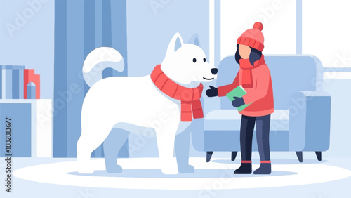 Cozy indoor scene with a child and fluffy dog in winter attire, reading