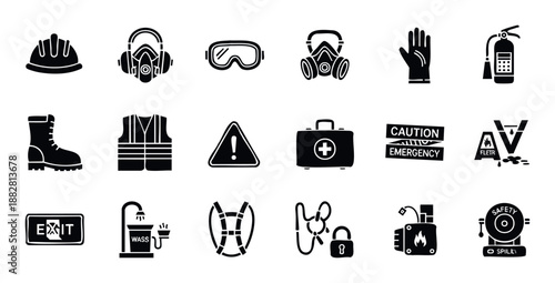 A comprehensive collection of essential safety equipment and warning signs, ideal for illustrating workplace safety protocols, industrial guidelines, and emergency preparedness information