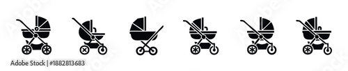 Modern baby stroller and pram icons for parenting product advertisements, nursery websites, and child care application interfaces