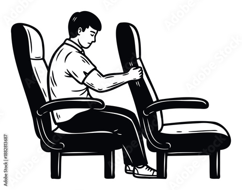 Asian man passenger bracing on a seat during a turbulent journey, perfect for conveying travel experiences, safety instructions, or public transport scenarios.
