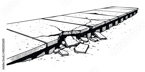 Broken concrete sidewalk showing cracks and crumbling sections perfect for illustrating concepts of urban decay, damage, destruction, repair, or renovation projects.