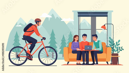 Cyclist rides past people working indoors with mountain backdrop