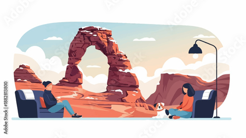 Cozy indoor scene with a dog and people by a natural arch