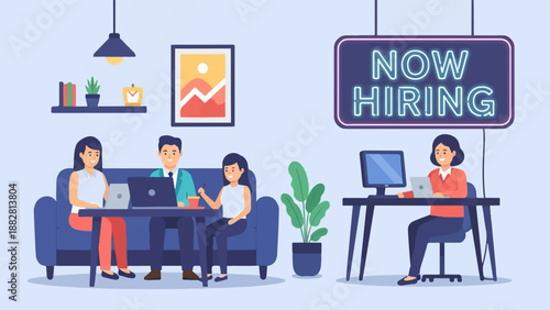 Diverse team works in a modern office with a "Now Hiring" sign