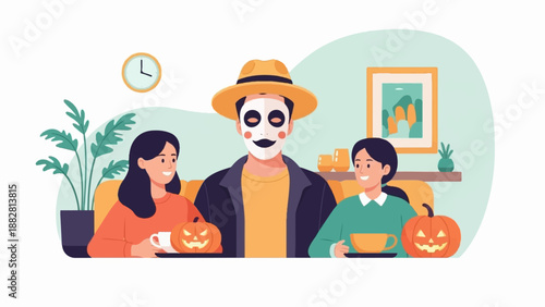 Family celebrating Halloween, enjoying drinks and pumpkins at home