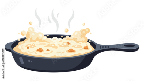 Steaming Skillet of Hearty Bubbling Porridge Cooking on a White Background Vector Illustration