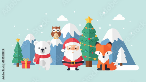 Festive winter scene with Santa, animals, trees, and snow-capped mountains