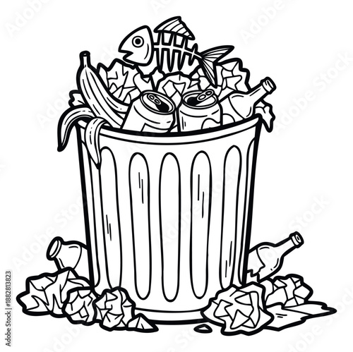 Overflowing garbage bin with assorted trash including food waste, cans, and bottles, ideal for environmental and waste management awareness campaigns or educational materials.
