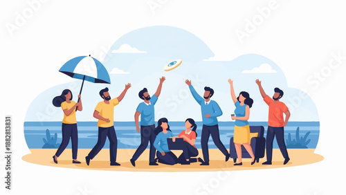 Diverse group enjoys a sunny beach day with frisbee and umbrella