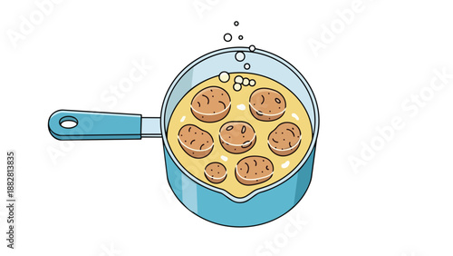 Vibrant illustration of a saucepan simmering small round food items in a bubbling liquid preparation