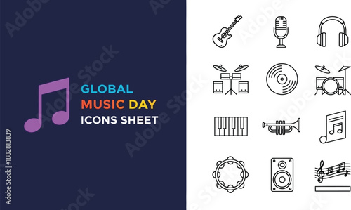 Black outline icon sheet of music instruments and sound symbols