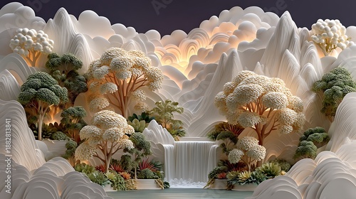 Elegant fantasy paper landscape with waterfall high resolution picture