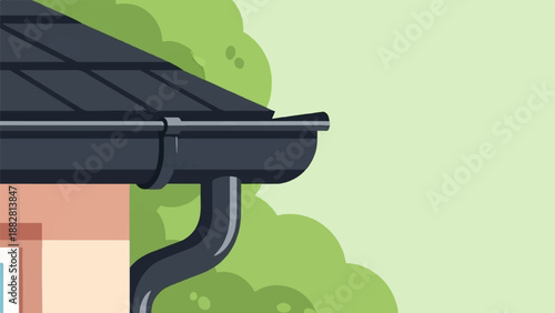 Dark rain gutter and downspout on a house against green foliage