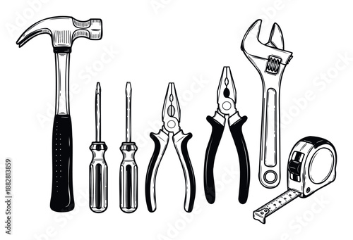 Essential collection of various hand tools featuring a hammer, screwdrivers, pliers, wrench, and tape measure, ideal for DIY projects, home renovation, and professional repair work.