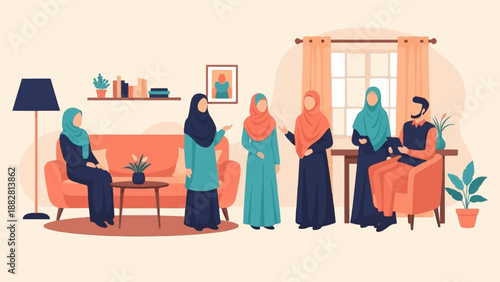Diverse group in modest attire conversing in a cozy home setting