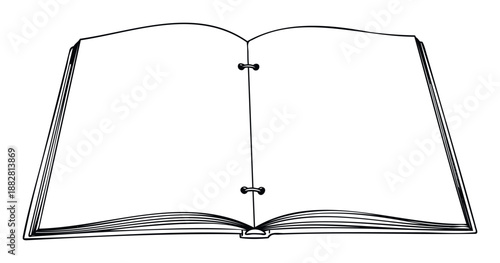 Simple line drawing of an open spiral bound notebook with blank pages, perfect for educational materials, office supplies, journaling concepts, or school themed graphic projects.