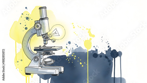 Vibrant microscope with glowing light bulb on colorful abstract background