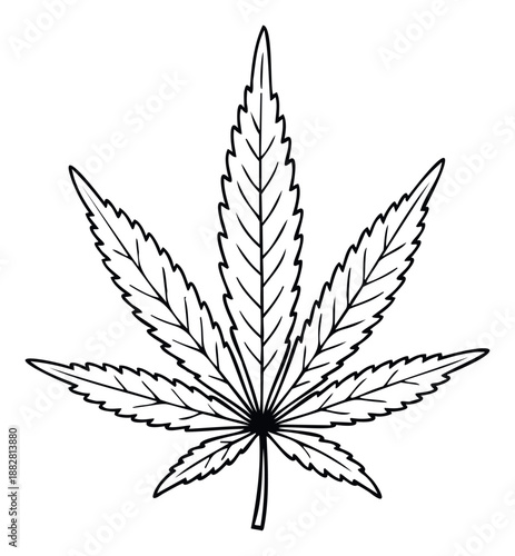 Bold black and white outline drawing of a cannabis marijuana leaf representing natural health alternative medicine and wellness industry for educational content or branding materials.