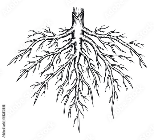 Stylized tree roots spreading outwards represent stability, interconnectedness, and organic growth, ideal for symbolizing foundations, development, or environmental themes in various media.