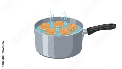 Saucepan with simmering ingredients on white background for culinary preparations.