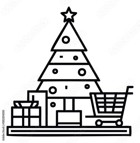 Christmas tree adorned with gifts and a shopping cart symbolizing festive holiday season sales and joyful gift purchasing for commercial retail campaigns