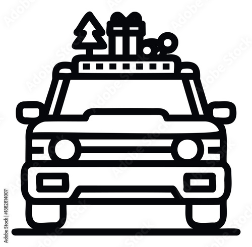 Front view of a holiday car icon carrying a Christmas tree and gifts on its roof, perfect for seasonal greetings, event invitations, or festive marketing materials