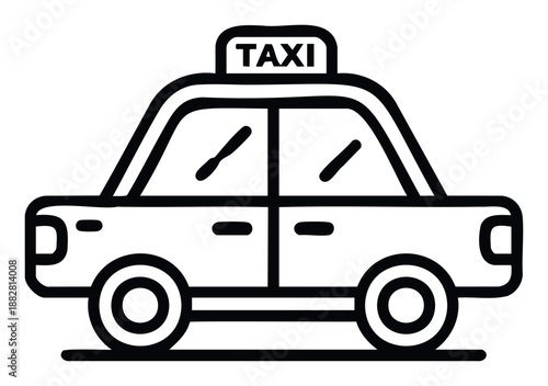 Simple outline graphic of a taxi car with the word TAXI on its roof, representing public transportation and ride sharing services for various digital and print applications.