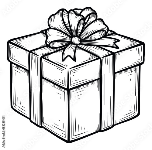 Hand drawn outline gift box with a decorative bow on top, perfect for holiday greetings, birthday wishes, festive celebrations, and special occasion promotions.