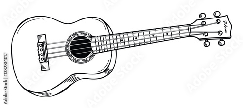 Hand drawn line artwork of a four string ukulele musical instrument, ideal for music school advertisements, hobby brochures, tropical themed event promotions, and educational content.
