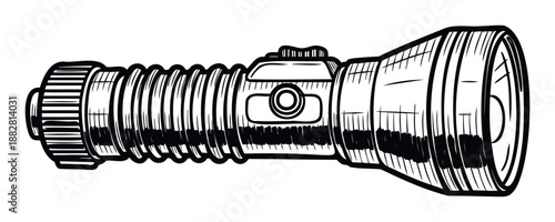 Detailed monochrome sketch of a powerful handheld flashlight with ribbed grip and switch, perfect for outdoor adventure guides, emergency preparedness materials, or general hardware store